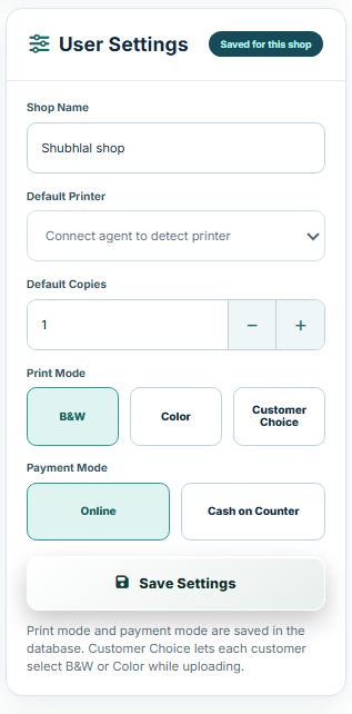 User settings example